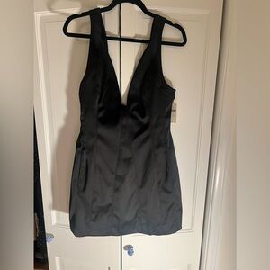 NWT Anthropologie Maeve Sleeveless Plunge Satin Mini Dress - Black, pockets